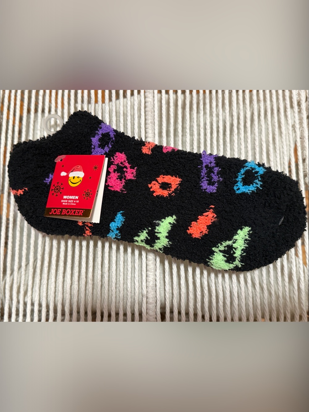 NWT Joe Boxer Black Fuzzy Socks with Neon Multicolor Spots